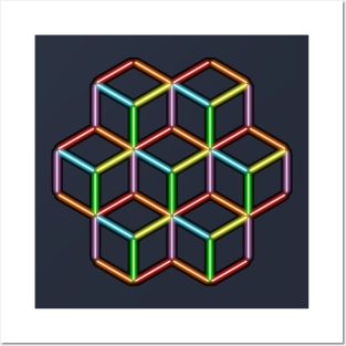 Rainbow Neon Cubes on Black Posters and Art